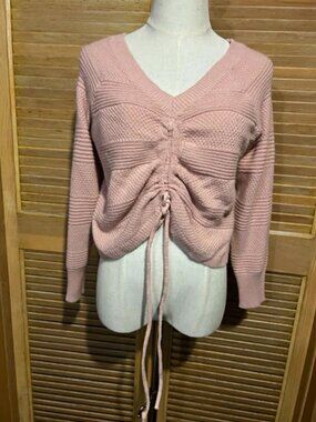 Full Circle Trends Pink Knit V-Neck Drawstring Front Long Sleeve Pullover